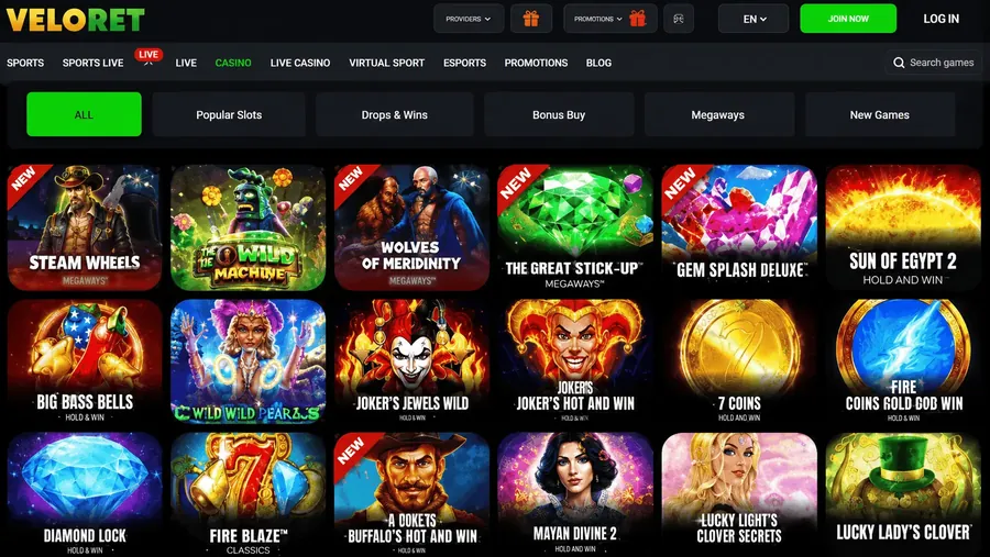 Velobet casino lobby showing popular slots